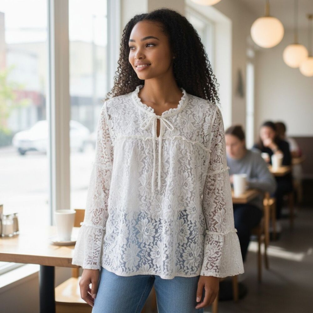 SHANNON FORD New York Ivory Lace Long Sleeve Ruffle Tie Top Blouse  S